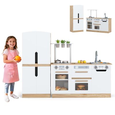 Costzon Kids Kitchen Playset, 2 Piece Wooden Modular Toy Play Set w/Running Water, Sound & Light, Fridge, Dishwasher, Microwave, Oven, Pretend Play Kitchen for Kids Ages 3+ (Natural + White)