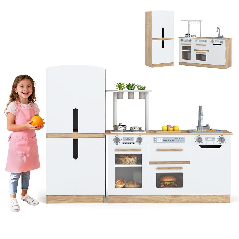 Costzon Kids Kitchen Playset, 2 Piece Wooden Modular Toy Play Set w/Running Water, Sound & Light, Fridge, Dishwasher, Microwave, Oven, Pretend Play Kitchen for Kids Ages 3+ (Natural + White)