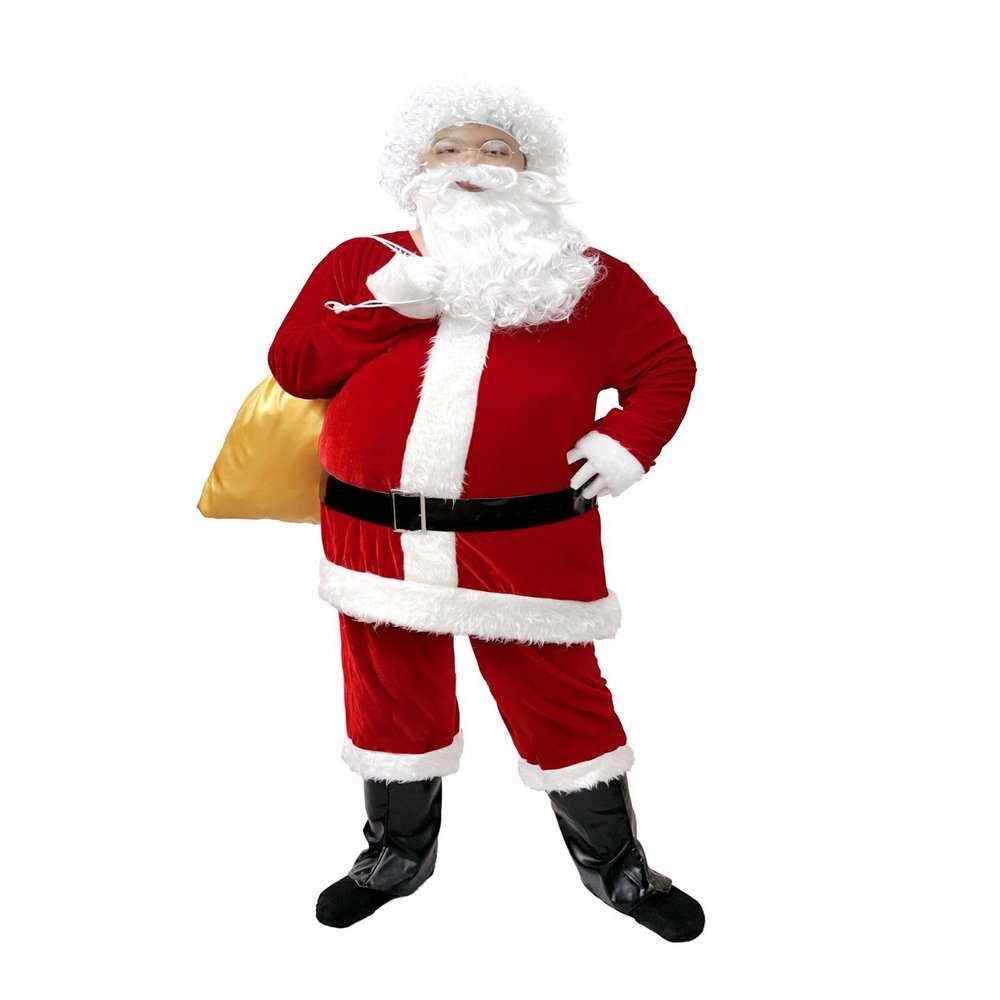 11Pcs Men Red Deluxe Christmas Mr Claus Costume,Professional Christmas Santa Claus Velvet Suit with Beard,Gloves (4X-Large)