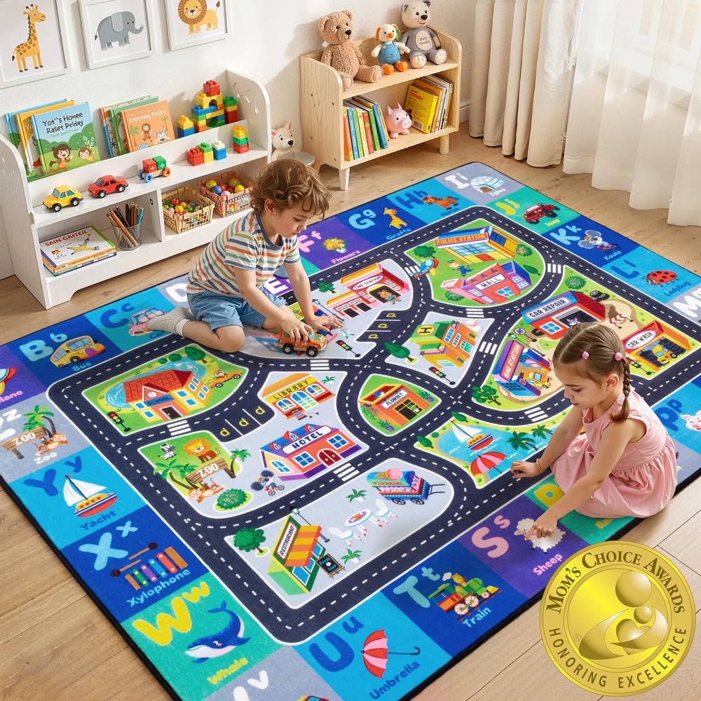 Kids Road Rug for Playroom, 5x7 Car Rug Playmat, Racing Route