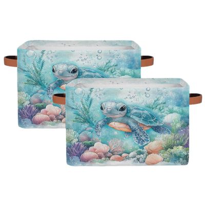 YPPAHHHH Foldable Storage Baskets with Handles, Fabric Storage Bins Watercolor Turtle Seashells Seaweed Collapsible Organizer Baskets for Closet Nursery Laundry Bathroom Home Organization, 2pcs