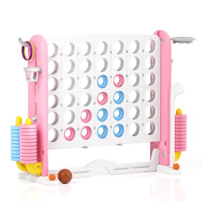 Glaf Giant 4-in-a-Row Game Outdoor Yard Jumbo 4-to-Score for Kids Adults and Family Adjustable Height Toy Set Floor Board Games Play with 42 Jumbo Rings Golf Basketball and Ring Toss (Pink)