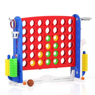 Glaf Giant 4-in-a-Row Game Outdoor Yard Jumbo 4-to-Score for Kids Adults and Family Adjustable Height Toy Set Floor Board Games Play with 42 Jumbo Rings Golf Basketball and Ring Toss (Red)