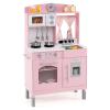 Costzon Kids Kitchen Playset, Wooden Little Chef Pretend Toy w/ 3 Adjustable Heights, Towel Bar, Curtains, Microwave, Stoves, Sink, Oven, Ice Maker & Accessories, Play Kitchen for Kids Ages 3+ (Pink) view 1