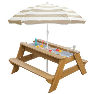 K LUCKIDS Kids 3-in-1 Sand & Water Activity Table, Wood Outdoor Convertible Picnic Table, 2 Play Boxes, Removable Top with Faucet, Picnic for Outdoor (Natural/Brown)