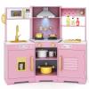 HONEY JOY Corner Kids Kitchen Playset, Wooden Toy Kitchen Set w/Lights & Sounds, Range Hood, Ice Maker & Coffee Maker, Microwave, Sink, Faucet, Little Chef Pretend Play Kitchen for Toddlers, Dark Pink view 1