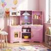 HONEY JOY Corner Kids Kitchen Playset, Wooden Toy Kitchen Set w/Lights & Sounds, Range Hood, Ice Maker & Coffee Maker, Microwave, Sink, Faucet, Little Chef Pretend Play Kitchen for Toddlers, Dark Pink view 2