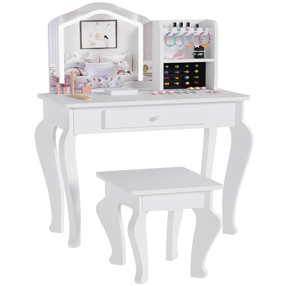 Kids Vanity with Lighted Mirror, Toddler Vanity Table and Chair Set, Girls Makeup Playset, White