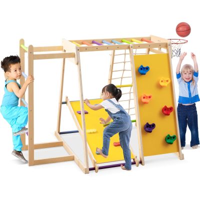 Costzon Indoor Playground, 6-in-1 Kids Montessori Jungle Gym with Baby Slide, Rock Climbing Wall, Basketball Hoop, Monkey Bar, Rope Net, Ladder, Wooden Climber Playset for Kids Gifts (Multicolor)