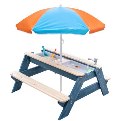 K LUCKIDS Kids 3-in-1 Sand & Water Activity Table, Wood Outdoor Convertible Picnic Table, 2 Play Boxes, Removable Top with Faucet, Picnic for Outdoor (Blue/Orange)