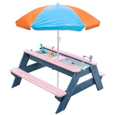 K LUCKIDS Kids 3-in-1 Sand & Water Activity Table, Wood Outdoor Convertible Picnic Table, 2 Play Boxes, Removable Top with Faucet, Picnic for Outdoor (Pink/Orange)