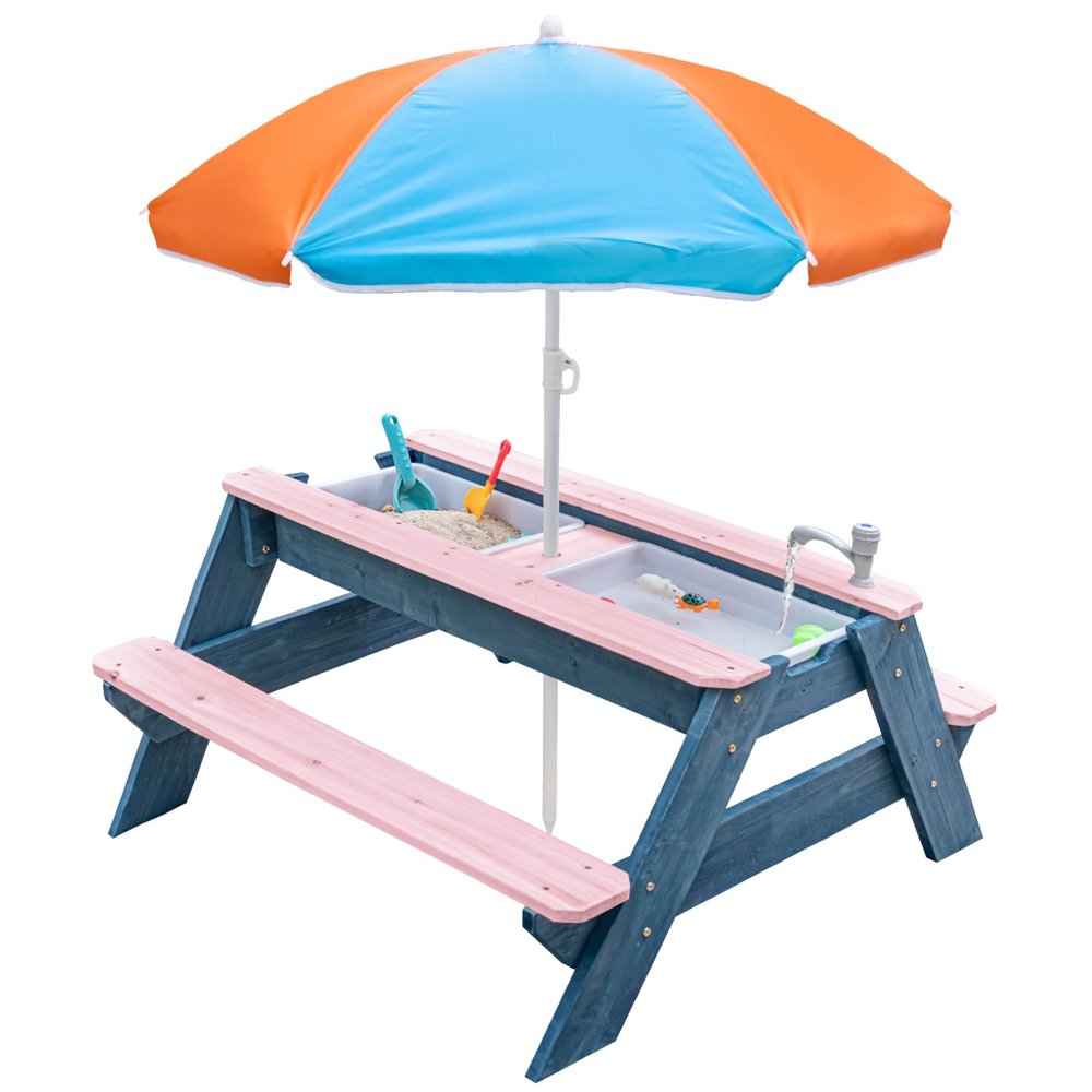 K LUCKIDS Kids 3-in-1 Sand & Water Activity Table, Wood Outdoor Convertible Picnic Table, 2 Play Boxes, Removable Top with Faucet, Picnic for Outdoor (Pink/Orange)