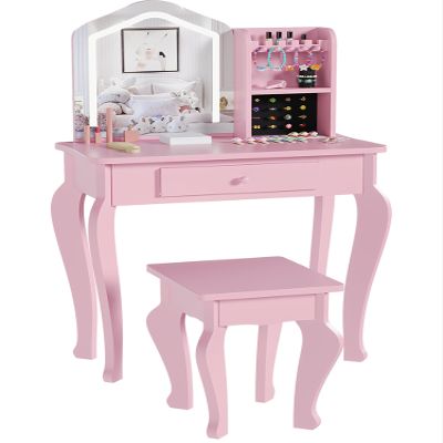 Kids Vanity with Lighted Mirror, Toddler Vanity Table and Chair Set, Girls Makeup Playset, Pink