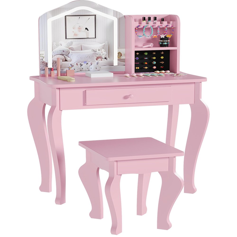 Kids Vanity with Lighted Mirror, Toddler Vanity Table and Chair Set, Girls Makeup Playset, Pink