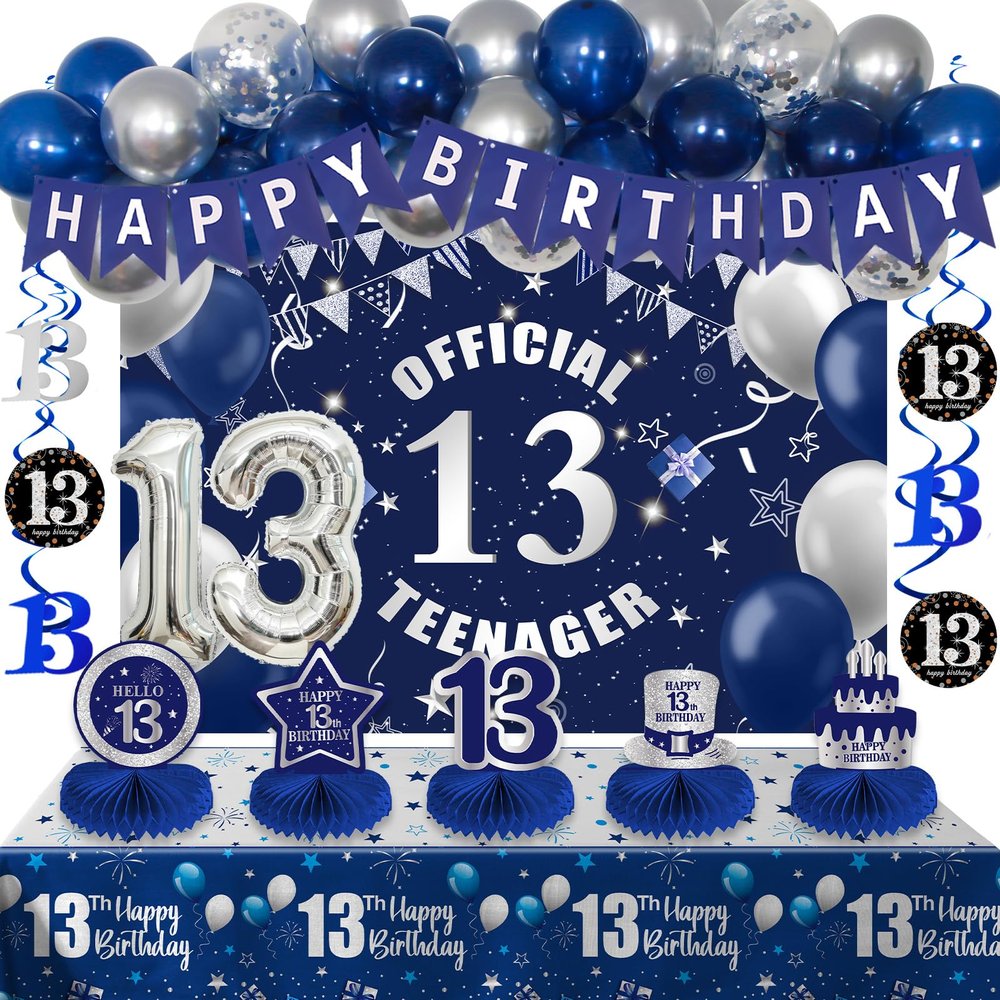 13th Birthday Decorations for Boys Girls, Blue Silver 13 Year Old Boy Bday Decor, Number 13 Balloon Happy 13th Birthday Banner Backdrop Honeycomb Centerpieces for Official Teenager Party Supplies