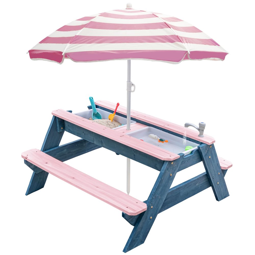 K LUCKIDS Kids 3-in-1 Sand & Water Activity Table, Wood Outdoor Convertible Picnic Table, 2 Play Boxes, Removable Top with Faucet, Picnic for Outdoor (Pink/Pink)