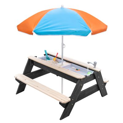 K LUCKIDS Kids 3-in-1 Sand & Water Activity Table, Wood Outdoor Convertible Picnic Table, 2 Play Boxes, Removable Top with Faucet, Picnic for Outdoor (Black/Orange)