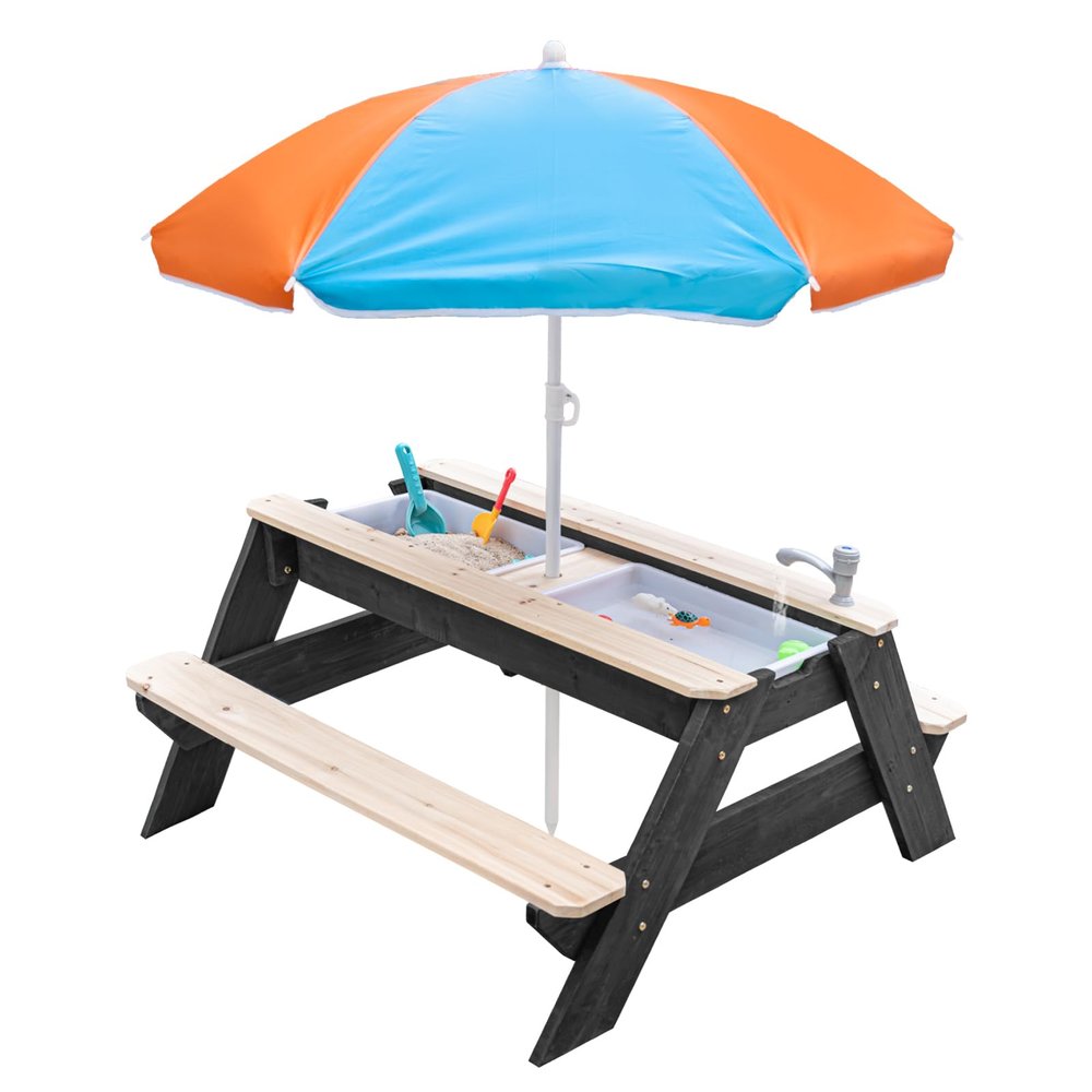 K LUCKIDS Kids 3-in-1 Sand & Water Activity Table, Wood Outdoor Convertible Picnic Table, 2 Play Boxes, Removable Top with Faucet, Picnic for Outdoor (Black/Orange)
