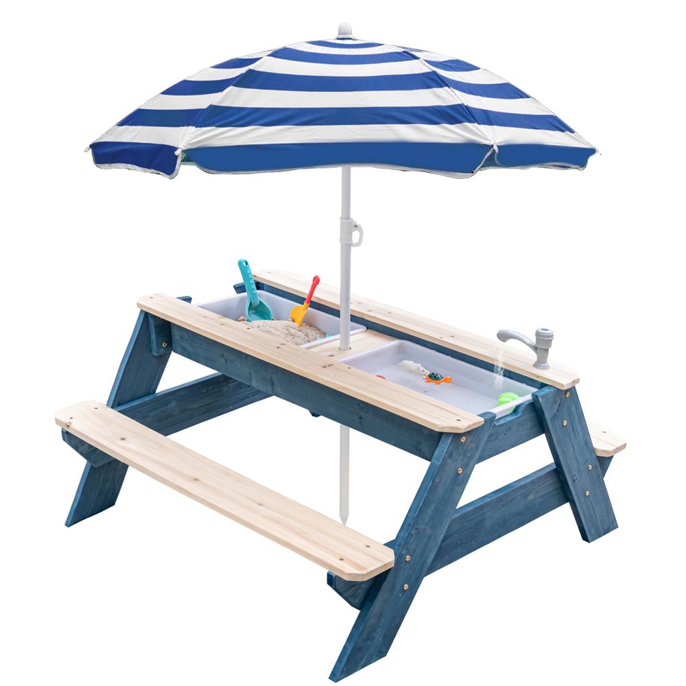 K LUCKIDS Kids 3-in-1 Sand & Water Activity Table, Wood Outdoor Convertible Picnic Table, 2 Play Boxes, Removable Top with Faucet, Picnic for Outdoor (Blue/Navy)