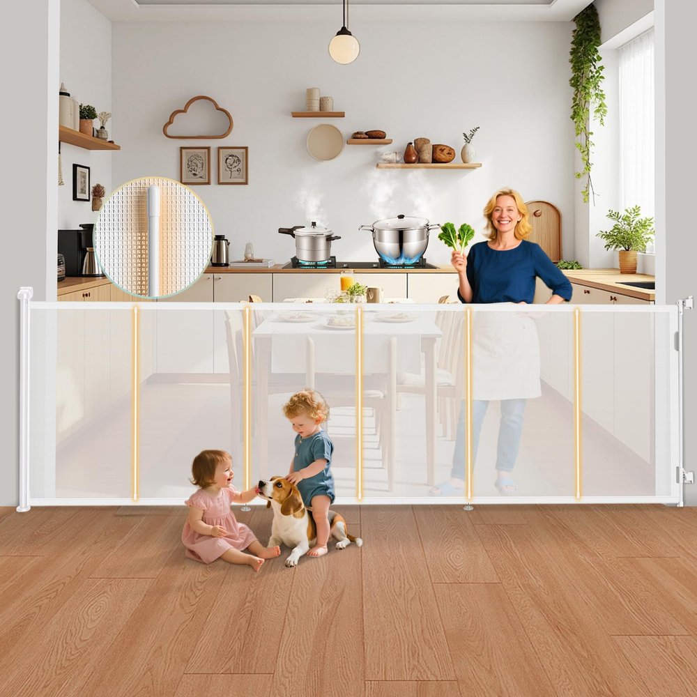 120'' Retractable Baby Gates Extra Wide, 42" Extra Tall Retractable Dog Gate for Doorways,10 Foot Safety Upgrade Extra Long White Retractable Baby Gate for Stairs, Indoor/Outdoor Retractable Gate