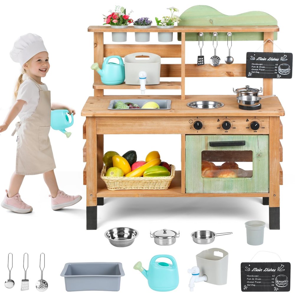 clinmday Kitchen Play Set, Outdoor Wooden Pretend Play Kitchen Set with Stoves, Removable Sink, Faucet, Blackboard, Cooking Accessories, Backyard Garden Toddler KitchenPlayset for Boys Girls Burlywood
