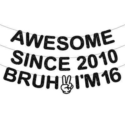 16th Birthday Decorations Boys Banner - 3 Pcs Black Glitter Awesome Since 2010 Bruh I'M 16 Garland Room Decor For Teenagers Cheers To 16 Years Old Party Supplies(Pre-Strung