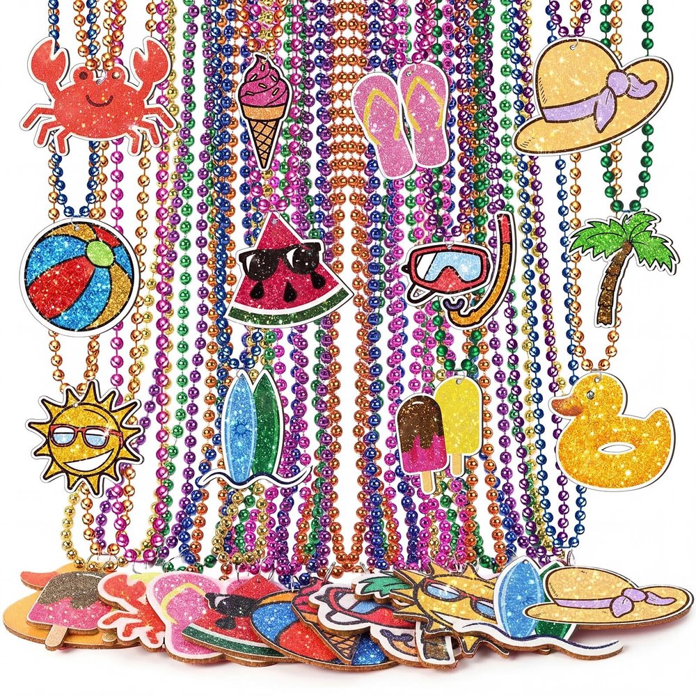 Tondiamo 36 Pcs Hawaiian Beaded Necklaces Bulk Summer Beach Pool Party Favors Tropical Pendant Necklaces Jewelry for Hawaiian Luau Party Favors Beach Themed Decor for Carnival Luau Supply(Summer)