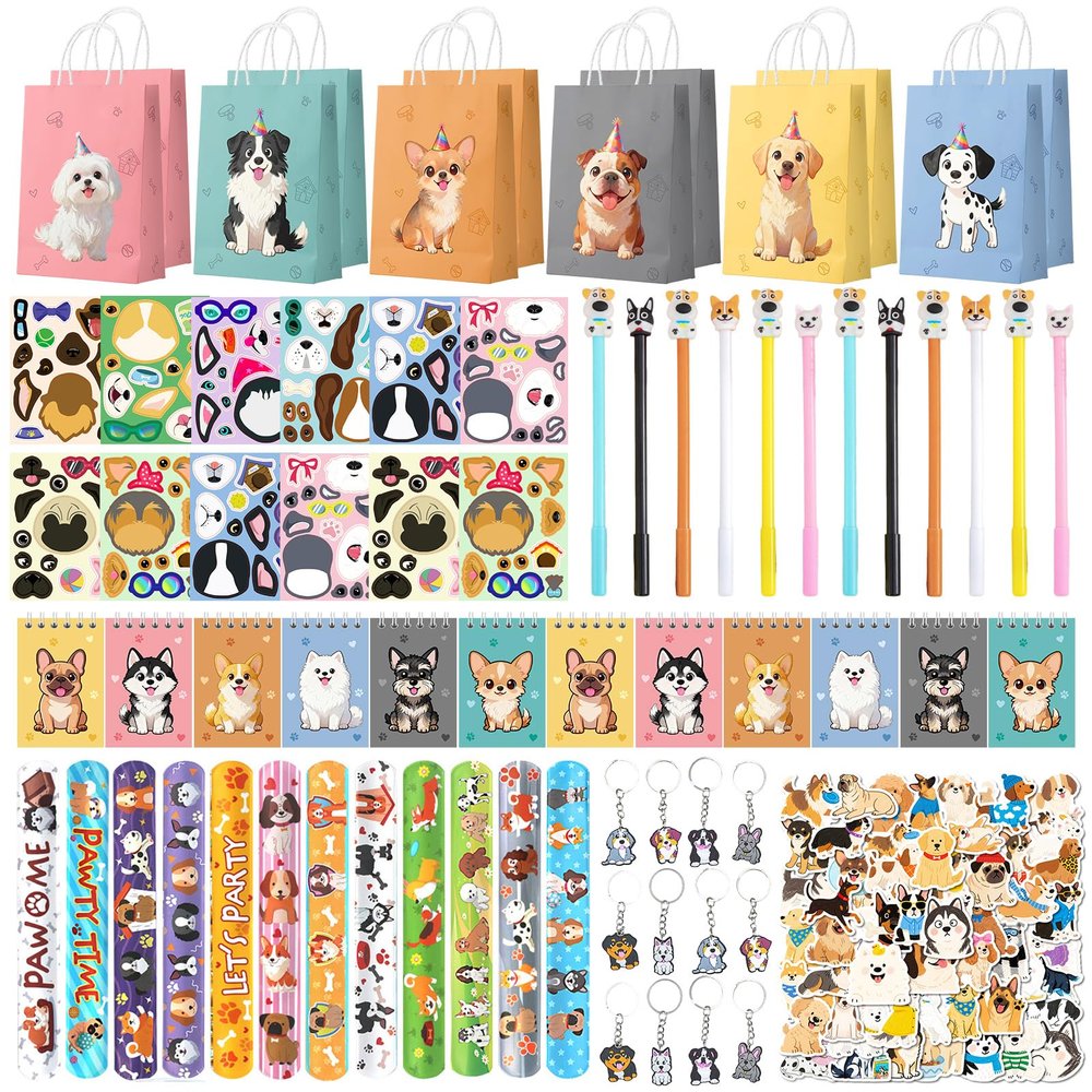 122 Pcs Dog Party Favors, Dog Themed Birthday Party Decorations, Cute Dog Pinata Goodie Bags Stuffers Make Your Own Stickers Keychain Wristbands Mini Notebooks for Kids Adopt a Puppy Party Favor