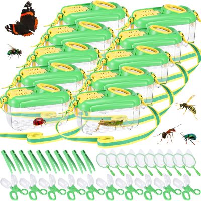 Halloscume 10 Sets Bug Catcher for Kids Students Insect Catching Kit Collector Bug Box with House, Butterfly Net, Tweezer, Cage Habitats Container Collection Explorer Gift (Green)