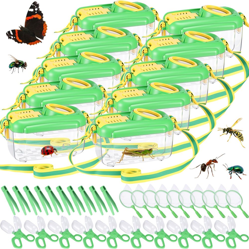 Halloscume 10 Sets Bug Catcher for Kids Students Insect Catching Kit Collector Bug Box with House, Butterfly Net, Tweezer, Cage Habitats Container Collection Explorer Gift (Green)