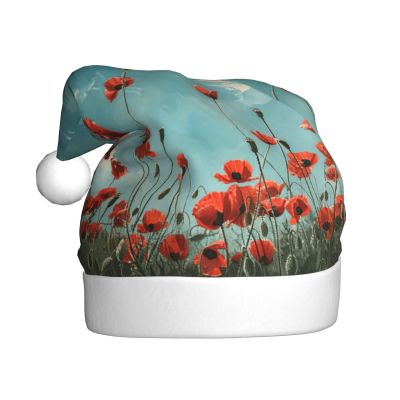 aabkjgfr Poppies On Blue Sky Print Adult Santa Hat,Soft And Comfortable Santa Hat,Suitable For New Year'S Holiday Parties,Indoors And Outdoors.