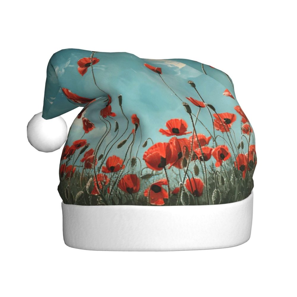 aabkjgfr Poppies On Blue Sky Print Adult Santa Hat,Soft And Comfortable Santa Hat,Suitable For New Year'S Holiday Parties,Indoors And Outdoors.