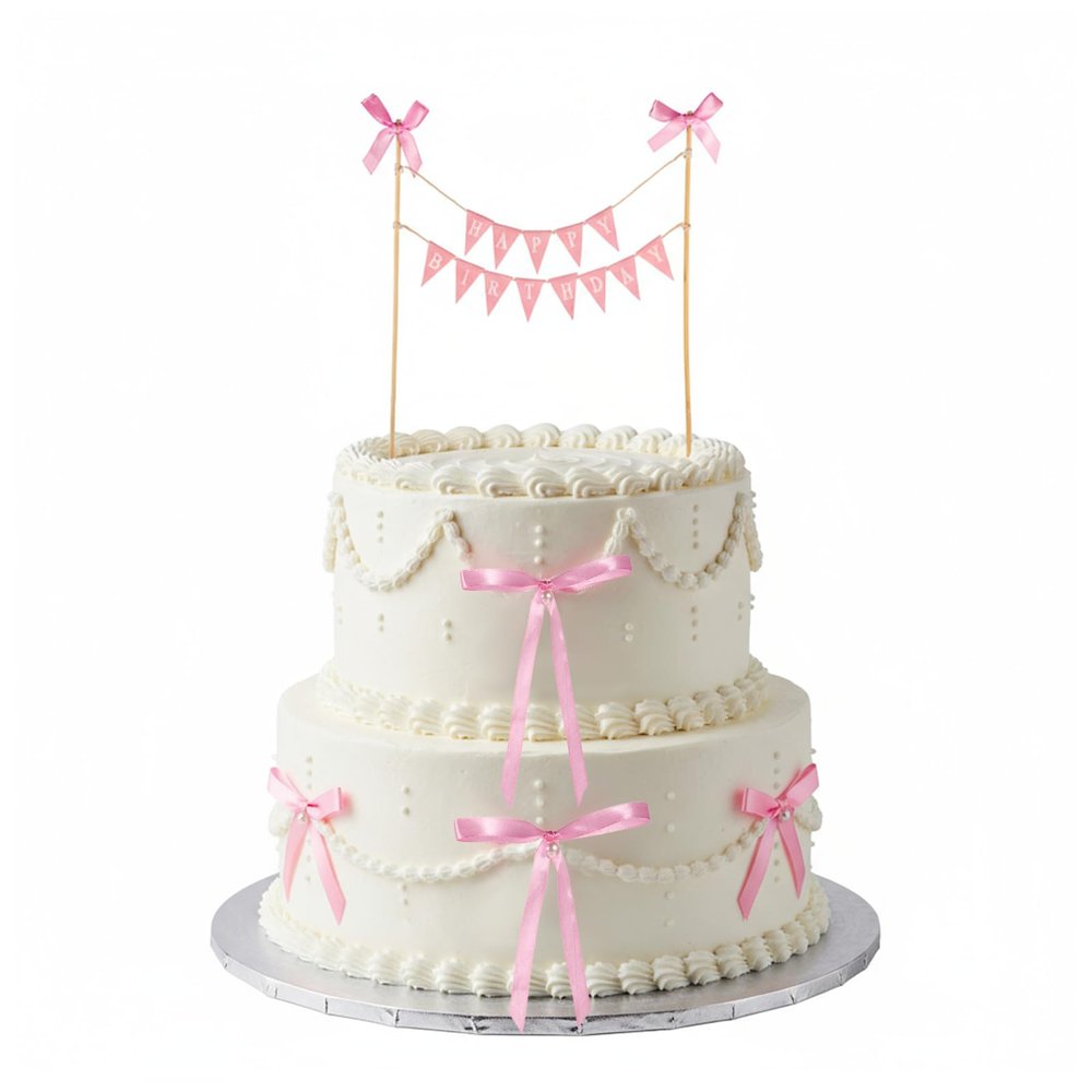 11 Pcs Bow Cake Toppers Happy Birthday Cake Bunting Topper with Wood Pole Handmade Pennant Flags, Happy Birthday Bowknot Cake Topper for Coquette Baby Shower Bridal Party Decoration