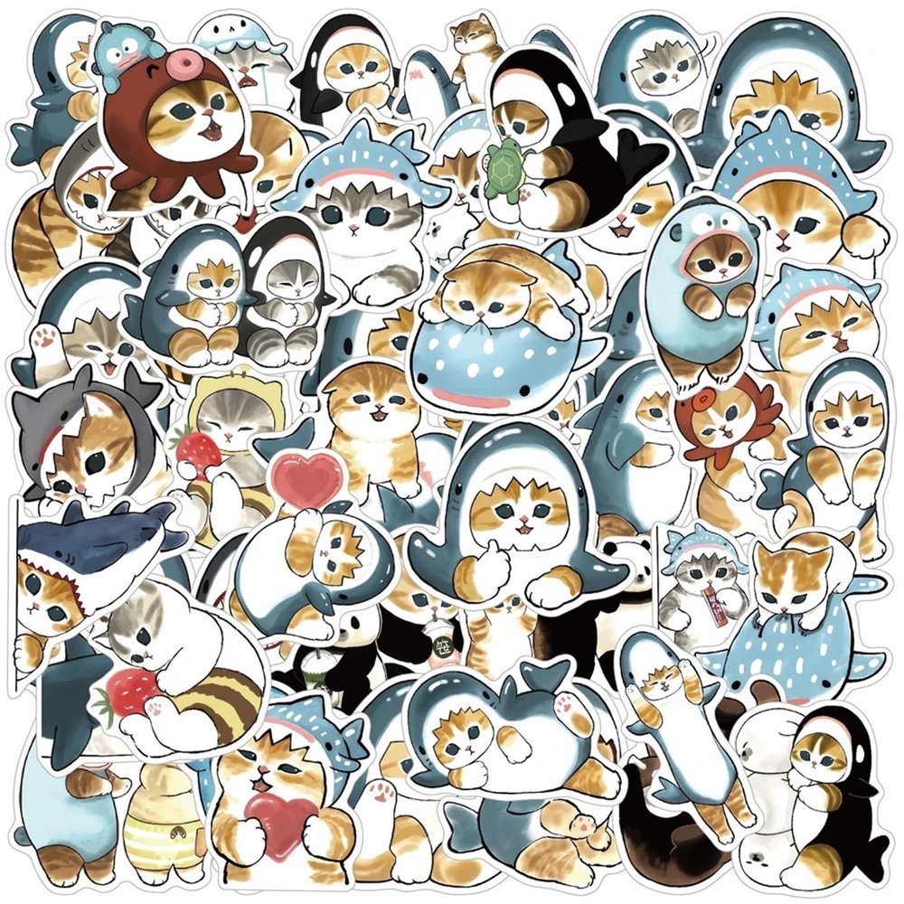 50/100PCS Cute Shark Hooded Fun Cat Stickers Decals Decoration Suitcase Scrapbooking Laptop Phone Stationery Toy Gift(100PCS)