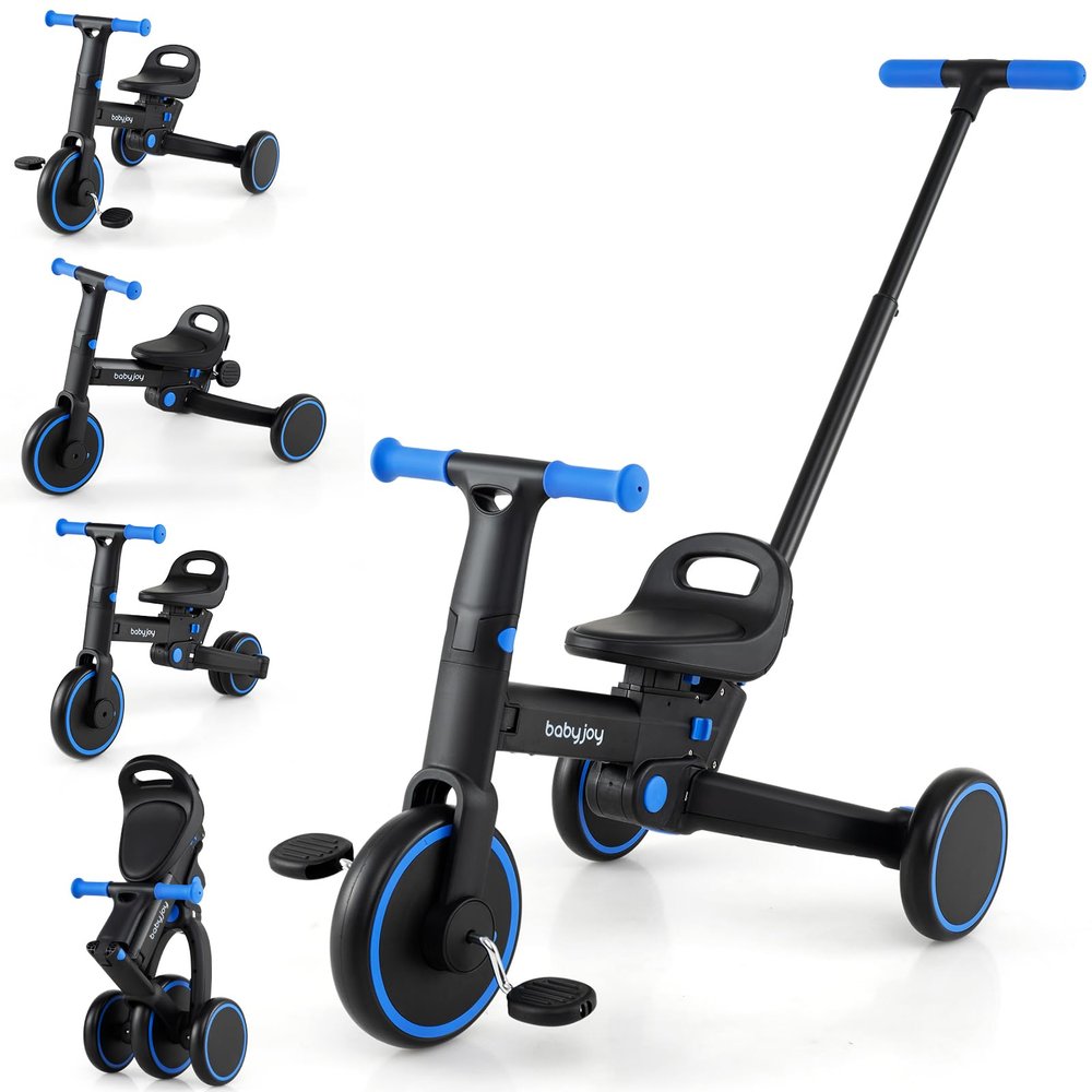 BABY JOY Toddler Tricycle, 4-in-1 Foldable Kids Trike with Adjustable Seat, Removable Pedal, EVA Foam Wheels & Push Handle, Balance Bike for Boys Girls 18-60 Months (Blue)