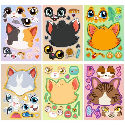 6pcs Cartoon Cat Head Face Changing Puzzle Sticker Cartoon Animal Make a Face Toy Face Changing Sticker DIY Children's Toys(6PCS)
