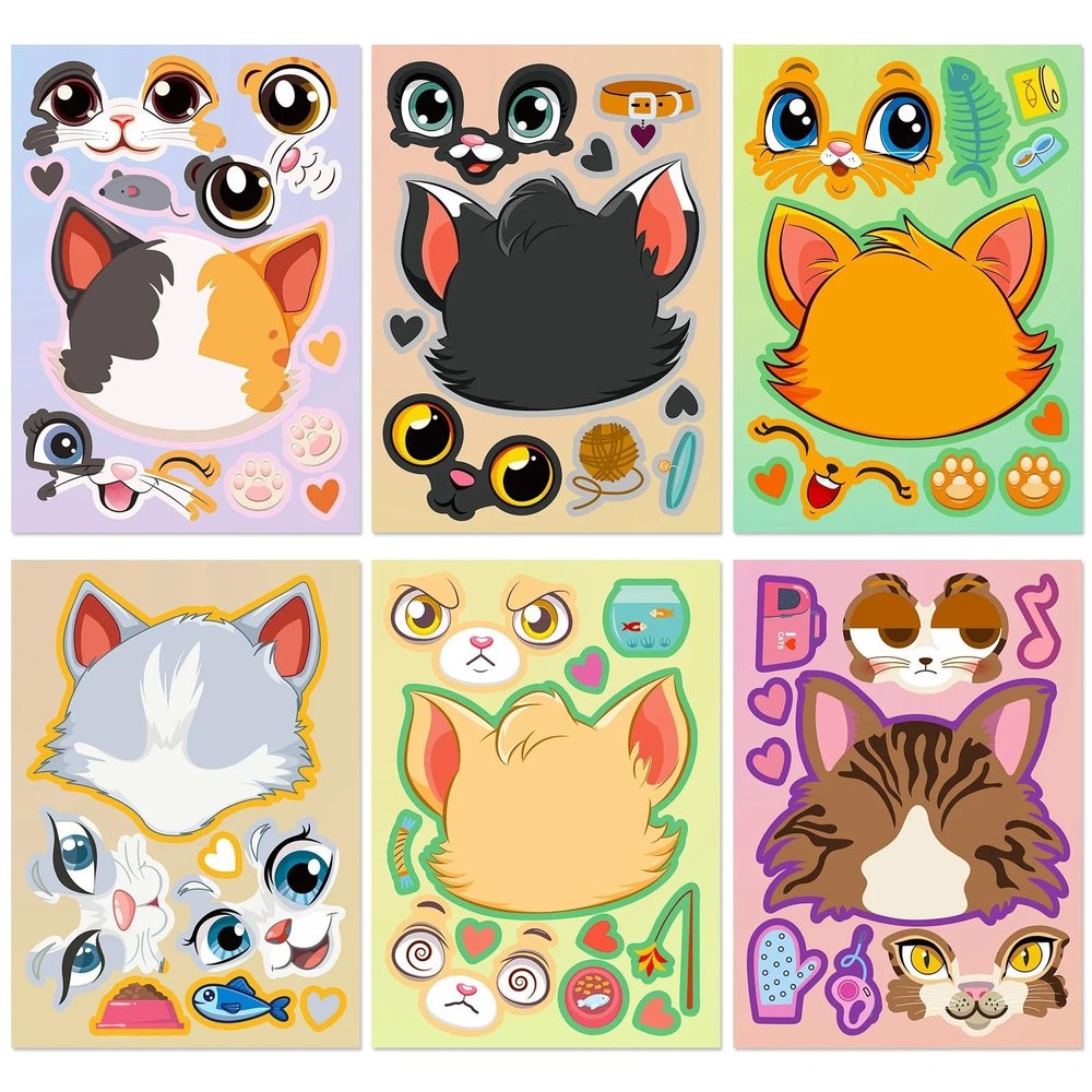 6pcs Cartoon Cat Head Face Changing Puzzle Sticker Cartoon Animal Make a Face Toy Face Changing Sticker DIY Children's Toys(6PCS)