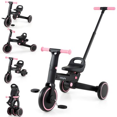 BABY JOY Toddler Tricycle, 4-in-1 Foldable Kids Trike with Adjustable Seat, Removable Pedal, EVA Foam Wheels & Push Handle, Balance Bike for Boys Girls 18-60 Months (Pink)