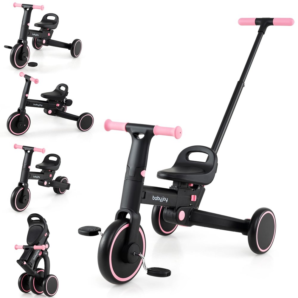 BABY JOY Toddler Tricycle, 4-in-1 Foldable Kids Trike with Adjustable Seat, Removable Pedal, EVA Foam Wheels & Push Handle, Balance Bike for Boys Girls 18-60 Months (Pink)
