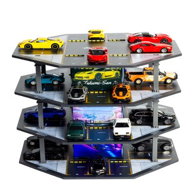 1/64 Scale Display Case Car Garage Moldel, Octagonal Building Style Diecast Car Show Case with LED Diorama for Toy Car Display and Storage Cars 4 Levels 48 Parking