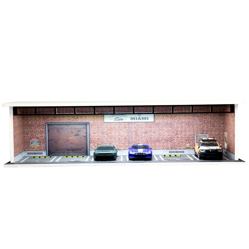 1/64 Scale Display Case Car Garage Moldel, Acrylic Cover Diecast Car Show Case with LED Light 6 Parking Spaces, Hot diecast Wheel Parking Scene (Vehicles Not Included) Red Brick Wall