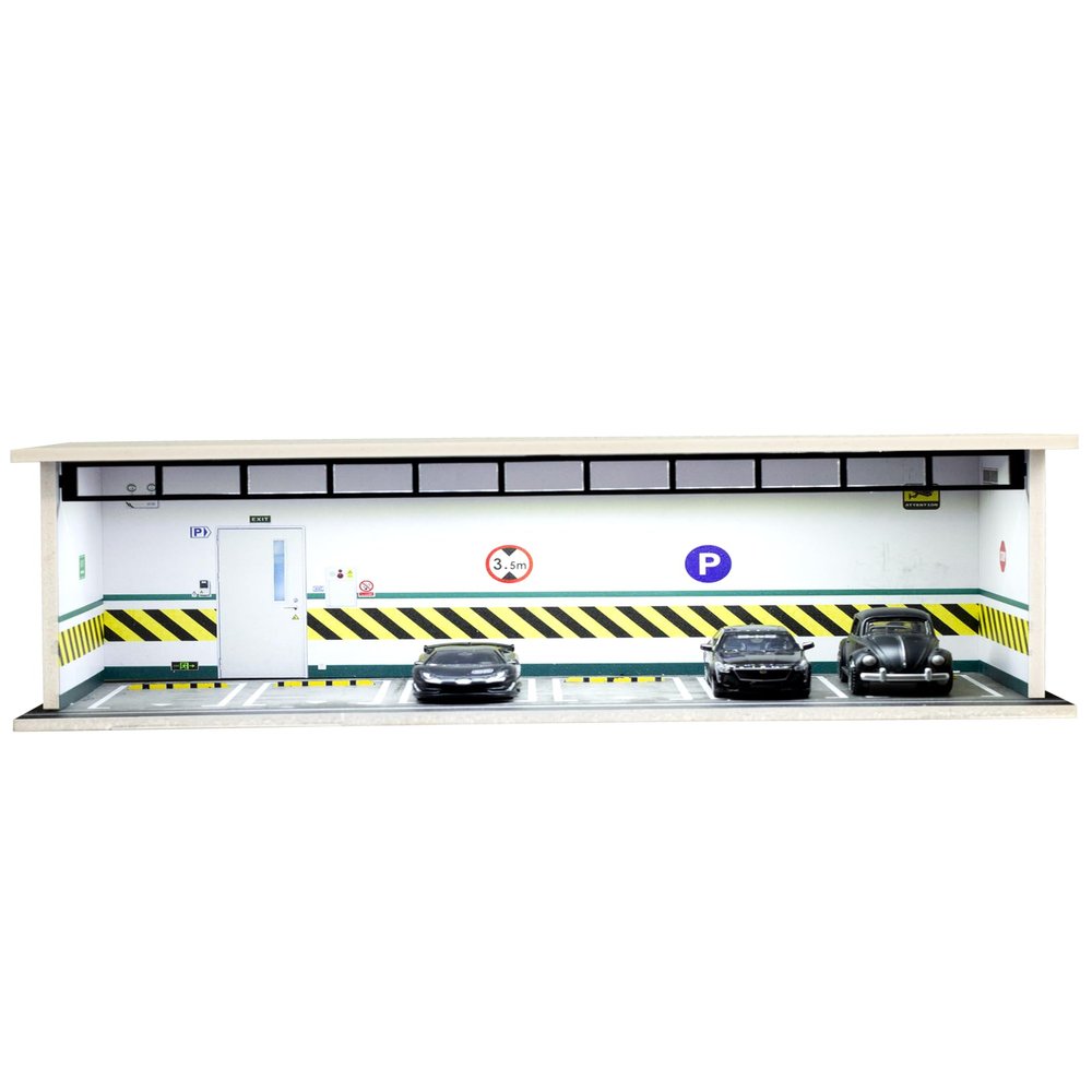 1/64 Scale Display Case Car Garage Moldel, Acrylic Cover Diecast Car Show Case with LED Light 6 Parking Spaces, Hot diecast Wheel Parking Scene (Vehicles Not Included) Underground Parking Lot