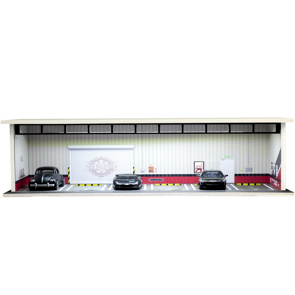 1/64 Scale Display Case Car Garage Moldel, Acrylic Cover Diecast Car Show Case with LED Light 6 Parking Spaces, Hot diecast Wheel Parking Scene (Vehicles Not Included) Red Line
