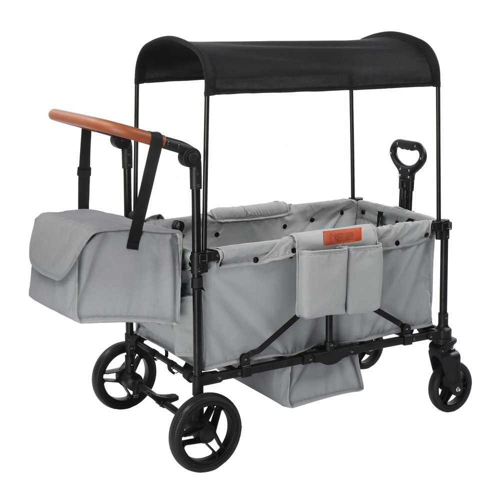 Stroller Wagon for 4 Kids, Foldable Wagon with Footwell, Lightweight, Adjustable Push and Pull Handles, 5-Point Harness, Adjustable Canopy for Outdoor Adventures