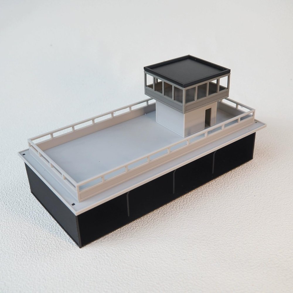 1/64 Scale Diorama Car Garage Display Stand, 2-Layer Parking Lot Structure with Control Tower, White and Red Storage Unit, 8.3 x 4.1 x 3.7 inches, Diecast Model Car Storage Collection (Gray)