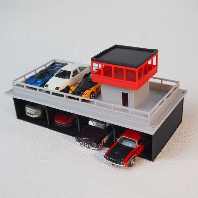 1/64 Scale Diorama Car Garage Display Stand, 2-Layer Parking Lot Structure with Control Tower, White and Red Storage Unit, 8.3 x 4.1 x 3.7 inches, Diecast Model Car Storage Collection (Red)