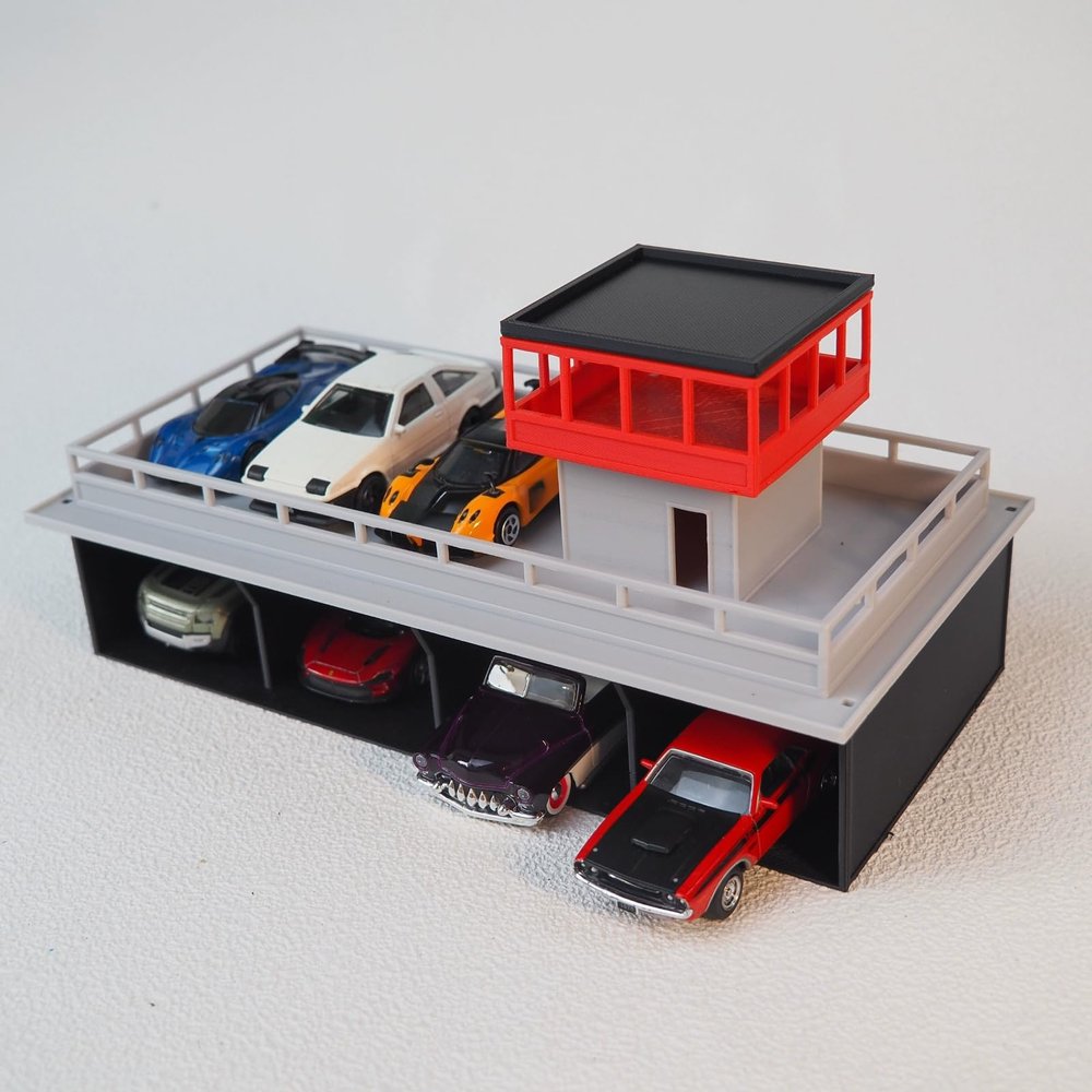 1/64 Scale Diorama Car Garage Display Stand, 2-Layer Parking Lot Structure with Control Tower, White and Red Storage Unit, 8.3 x 4.1 x 3.7 inches, Diecast Model Car Storage Collection (Red)
