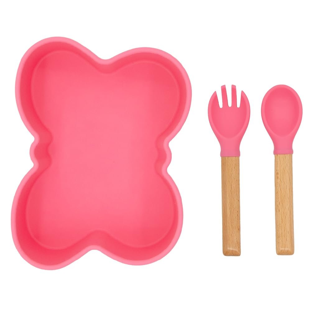 Baby Silicone Feeder Set, BabyX 3-pcs Butterfly-themed Baby Bowl with Suction, Spoon and Fork for Babies Toddler Kids, BPA-Free, Baby Utensils Feeding Supplies, Microwave and Dishwasher Safe