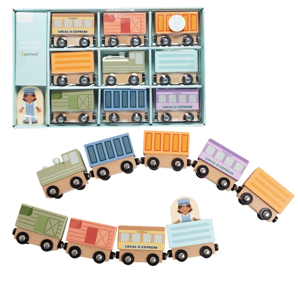Pearhead Wooden Train Montessori Play Set, 10-Piece Magnetic Train Toy, Fine Motor and STEM Learning, Boys and Girls Toddlers Ages 2+