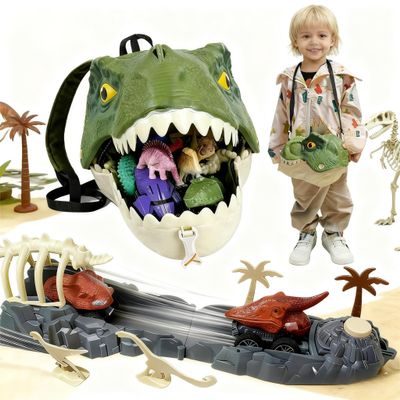 Dinosaur Launch Tracks Toys with Rolling Wheels&Educational Storage Box&Shoulder Bag, 3-in-1 Toy Set for Kids 3+, Playset Festival Cool Dinosaur Car Gift for Toddler Boys & GirlsTyrannosaurus rex
